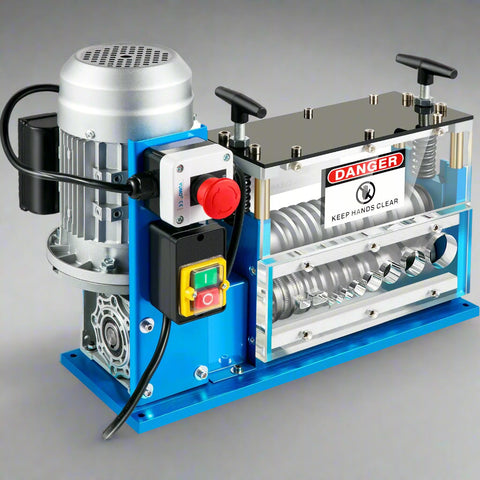 11-channel automatic wire stripping machine front view

Cable stripper with control panel and feeder channels

Industrial wire stripper with aluminum and steel frame

High-speed wire stripping machine on workbench

Wire stripping machine with emergency stop switch