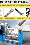 11-channel automatic wire stripping machine front view

Cable stripper with control panel and feeder channels

Industrial wire stripper with aluminum and steel frame

High-speed wire stripping machine on workbench

Wire stripping machine with emergency stop switch