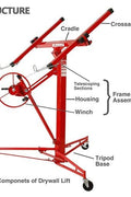Illustrated setup and angle capability for 11 ft rolling drywall hoist

