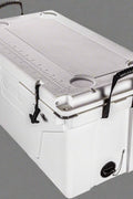 110 QT heavy-duty rolling ice chest with dual wheels and black rubber latches