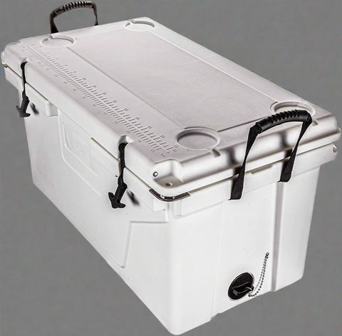 110 QT heavy-duty rolling ice chest with dual wheels and black rubber latches