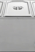 3-pan buffet food warmer front view with lid open

Commercial food warmer showing stainless steel interior

Temperature knob and heating element close-up

Buffet setup with food in all three compartments

Side view of removable pans with food steam