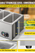 3-pan buffet food warmer front view with lid open

Commercial food warmer showing stainless steel interior

Temperature knob and heating element close-up

Buffet setup with food in all three compartments

Side view of removable pans with food steam