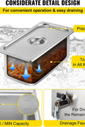 3-pan buffet food warmer front view with lid open

Commercial food warmer showing stainless steel interior

Temperature knob and heating element close-up

Buffet setup with food in all three compartments

Side view of removable pans with food steam