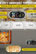 3-pan buffet food warmer front view with lid open

Commercial food warmer showing stainless steel interior

Temperature knob and heating element close-up

Buffet setup with food in all three compartments

Side view of removable pans with food steam