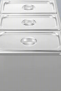 3-pan buffet food warmer front view with lid open

Commercial food warmer showing stainless steel interior

Temperature knob and heating element close-up

Buffet setup with food in all three compartments

Side view of removable pans with food steam
