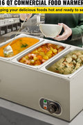 3-pan buffet food warmer front view with lid open

Commercial food warmer showing stainless steel interior

Temperature knob and heating element close-up

Buffet setup with food in all three compartments

Side view of removable pans with food steam