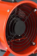 12" industrial blower fan with attached orange hose

Side view of portable utility exhaust fan

Flexible 25 ft ventilation hose included

Blower fan setup with duct for construction use

Rear fan view with protective grill and carry handle