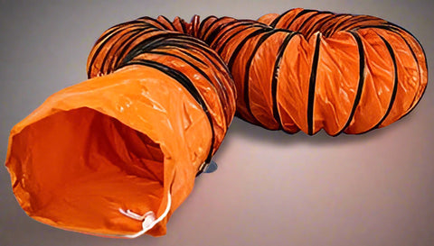 12" industrial blower fan with attached orange hose

Side view of portable utility exhaust fan

Flexible 25 ft ventilation hose included

Blower fan setup with duct for construction use

Rear fan view with protective grill and carry handle