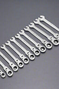 12-piece chrome folding ratchet wrench set with case
Compact ratchet wrench set with metric and SAE tools
Heavy-duty chrome-plated ratcheting wrenches
Silver mechanic wrench kit in a foldable organizer