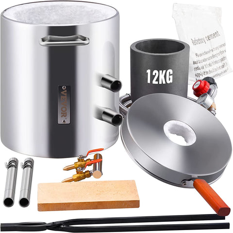 "12KG dual burner propane smelting furnace with accessories"

"Metal melting furnace kit with tongs and graphite crucible"

"Side view of propane furnace for aluminum and gold melting"

"Dual burner stainless steel smelter with open lid"

"Complete DIY metal melting setup with regulator and hose"