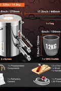 "12KG dual burner propane smelting furnace with accessories"

"Metal melting furnace kit with tongs and graphite crucible"

"Side view of propane furnace for aluminum and gold melting"

"Dual burner stainless steel smelter with open lid"

"Complete DIY metal melting setup with regulator and hose"