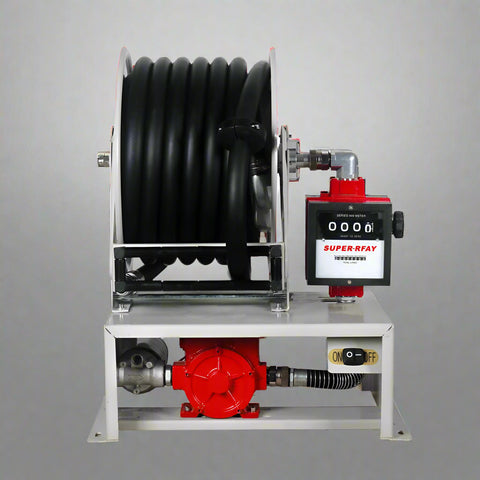 12V & 110V diesel fuel transfer pump with 50ft auto-retractable hose reel
Red and black heavy-duty diesel transfer pump with flow meter
Cast iron diesel fuel pump on steel frame with hose reel