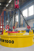 Heavy-duty yellow electric lifting magnet suspended by chains
Battery-powered scrap metal electromagnet 12V/24V industrial grade
Excavator lifting scrap metal with 23.6-inch and 40-inch electric magnet