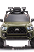 Olive green Toyota-style ride-on pickup truck for kids

Side view of remote-control kids truck with leather seat

Child’s electric ride-on truck with LED headlights

Toyota ride-on truck in olive green with suspension

Battery-powered pickup truck for toddlers