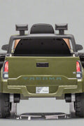 Olive green Toyota-style ride-on pickup truck for kids

Side view of remote-control kids truck with leather seat

Child’s electric ride-on truck with LED headlights

Toyota ride-on truck in olive green with suspension

Battery-powered pickup truck for toddlers