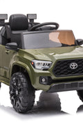 Olive green Toyota-style ride-on pickup truck for kids

Side view of remote-control kids truck with leather seat

Child’s electric ride-on truck with LED headlights

Toyota ride-on truck in olive green with suspension

Battery-powered pickup truck for toddlers