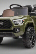 Olive green Toyota-style ride-on pickup truck for kids

Side view of remote-control kids truck with leather seat

Child’s electric ride-on truck with LED headlights

Toyota ride-on truck in olive green with suspension

Battery-powered pickup truck for toddlers