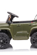 Olive green Toyota-style ride-on pickup truck for kids

Side view of remote-control kids truck with leather seat

Child’s electric ride-on truck with LED headlights

Toyota ride-on truck in olive green with suspension

Battery-powered pickup truck for toddlers