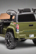 Olive green Toyota-style ride-on pickup truck for kids

Side view of remote-control kids truck with leather seat

Child’s electric ride-on truck with LED headlights

Toyota ride-on truck in olive green with suspension

Battery-powered pickup truck for toddlers