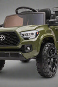 Olive green Toyota-style ride-on pickup truck for kids

Side view of remote-control kids truck with leather seat

Child’s electric ride-on truck with LED headlights

Toyota ride-on truck in olive green with suspension

Battery-powered pickup truck for toddlers