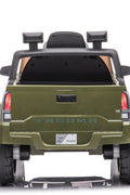 Olive green Toyota-style ride-on pickup truck for kids

Side view of remote-control kids truck with leather seat

Child’s electric ride-on truck with LED headlights

Toyota ride-on truck in olive green with suspension

Battery-powered pickup truck for toddlers