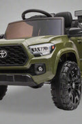 Olive green Toyota-style ride-on pickup truck for kids

Side view of remote-control kids truck with leather seat

Child’s electric ride-on truck with LED headlights

Toyota ride-on truck in olive green with suspension

Battery-powered pickup truck for toddlers