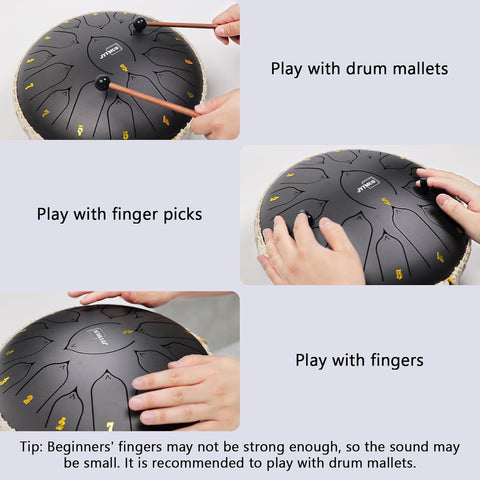 13 inch steel tongue drum with 15 notes
Complete handpan style music kit with mallets and bag
Relaxing meditation drum for yoga and sound healing
Steel tongue drum with note stickers and guide
Handcrafted alloy steel percussion drum