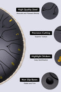 13 inch steel tongue drum with 15 notes
Complete handpan style music kit with mallets and bag
Relaxing meditation drum for yoga and sound healing
Steel tongue drum with note stickers and guide
Handcrafted alloy steel percussion drum