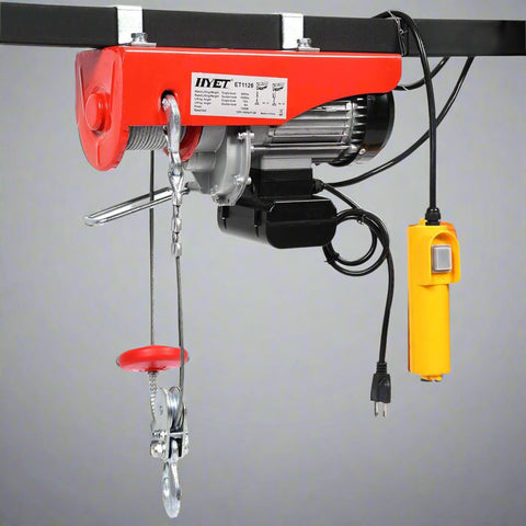 1320 lb electric overhead hoist winch in red
AC-powered hoist with safety hook and carbon steel cable
Heavy-duty electric hoist for garage or shop use
110V overhead winch with lifting hook and motor
Construction site electric lifting hoist with steel housing