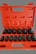 14-Piece SAE Shallow Impact Socket Set in Red Case – Full View

Chrome Vanadium Steel Socket Set – Top View

Close-Up of 1/2” SAE Shallow Sockets in Storage Case