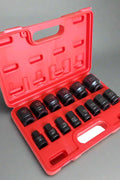 14-Piece SAE Shallow Impact Socket Set in Red Case – Full View

Chrome Vanadium Steel Socket Set – Top View

Close-Up of 1/2” SAE Shallow Sockets in Storage Case