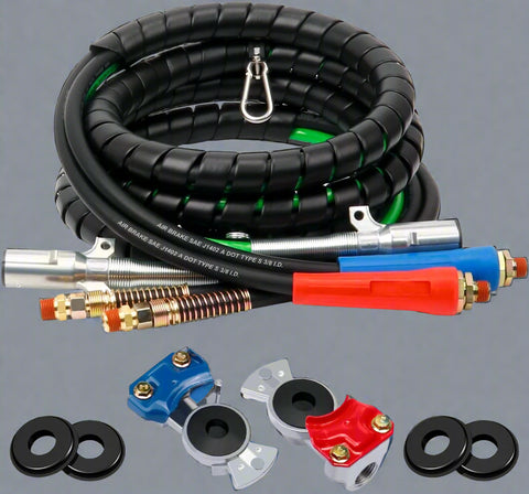 15FT semi truck 3-in-1 air line kit with red and blue glad hands

Rubber air hose assembly with 7-way ABS electrical cable

Heavy-duty tractor trailer air line with spring kit

DOT-compliant 3-in-1 air and electrical connection kit

Close-up of glad hands and ABS cable connectors