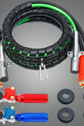 15FT semi truck 3-in-1 air line kit with red and blue glad hands

Rubber air hose assembly with 7-way ABS electrical cable

Heavy-duty tractor trailer air line with spring kit

DOT-compliant 3-in-1 air and electrical connection kit

Close-up of glad hands and ABS cable connectors