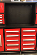 Red 7FT 18-drawer workbench – front view

Steel tool cabinet in packaging – side view

Drawer close-up showing roller bearings

Workbench with backsplash – showroom display

Red metal cabinet on skid – shipping ready
