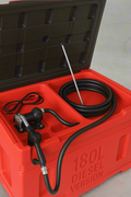 180L fuel transfer tank with red body and electric pump
Gas and diesel compatible fuel tank – 57 LPM electric pump
Portable 180-liter fuel transfer system with automatic nozzle