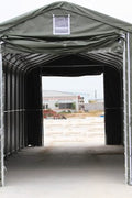 Inside of 18x50x17 ft PVC fabric shelter showing steel trussed frame and height