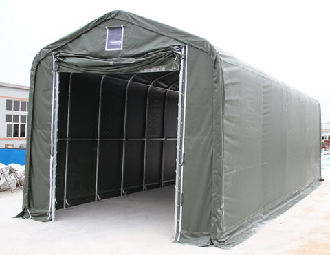 18x50x17 FT gray fabric storage shelter with arched frame for RVs and trucks