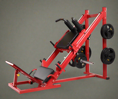 Red commercial 2-in-1 leg press and squat gym machine side view

User using leg press on heavy-duty fitness equipment

Squat bench setup on dual-function gym trainer 523624

PU leather padded seat and reverse pedal mechanism close-up

Front angle of multifunctional leg press squat machine in red