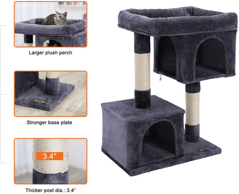 2-Level Plush Cat Tree with Top Perch and Condo
Cat Tree with Scratching Posts and Soft Fabric
Side View of Plush Gray Cat Condo Tower
Cat Sitting on Widened Top Perch
Enclosed Cat Hideout with Dual Levels