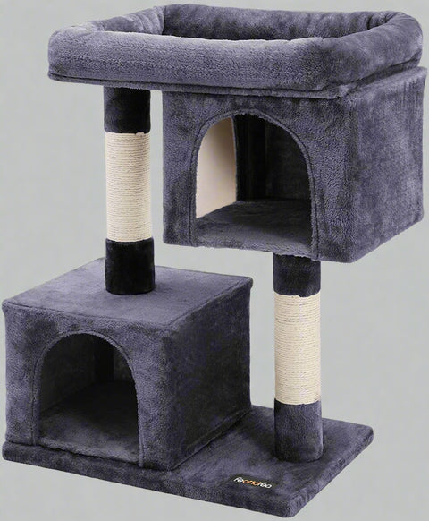2-Level Plush Cat Tree with Top Perch and Condo
Cat Tree with Scratching Posts and Soft Fabric
Side View of Plush Gray Cat Condo Tower
Cat Sitting on Widened Top Perch
Enclosed Cat Hideout with Dual Levels