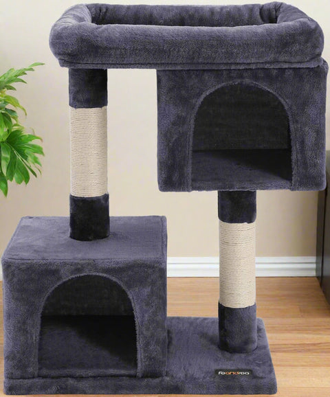 2-Level Plush Cat Tree with Top Perch and Condo
Cat Tree with Scratching Posts and Soft Fabric
Side View of Plush Gray Cat Condo Tower
Cat Sitting on Widened Top Perch
Enclosed Cat Hideout with Dual Levels