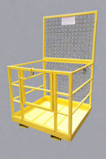 Yellow 2-person forklift safety cage with mesh floor

Forklift lifting steel work platform in industrial setting

OSHA-compliant safety cage with lockable gate

Close-up of forklift cage fork pockets and frame

Overhead maintenance platform for warehouse use