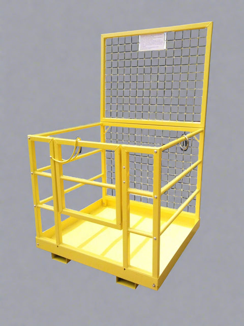 Yellow 2-person forklift safety cage with mesh floor

Forklift lifting steel work platform in industrial setting

OSHA-compliant safety cage with lockable gate

Close-up of forklift cage fork pockets and frame

Overhead maintenance platform for warehouse use