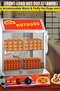 2-tier hot dog steamer with tempered glass doors and bun warmer
Commercial hot dog steamer showing 27L capacity
Food truck-ready stainless steel hot dog and bun warmer
Hot dog warmer for concession stand with clear slide doors
Interior view of dual-tier hot dog steamer filled with buns and sausages