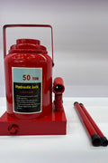 “Heavy-duty hydraulic bottle jack on steel platform”

“30-ton red bottle jack under truck”

“Close-up of 50-ton hydraulic jack with safety pin handle”