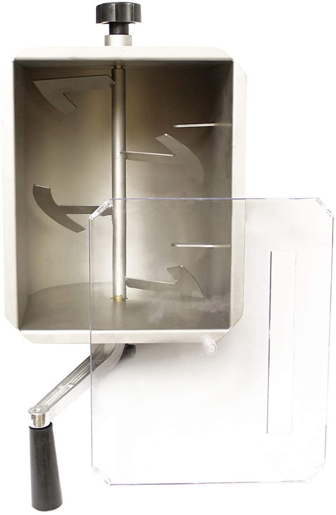 20 LB Stainless Steel Manual Meat Mixer – Front View
Hand crank food processor with clear lid – BR102
Interior paddles and mixing blades for even blend
Side angle of BR102 meat mixer on countertop
Stainless steel tub and mixing crank design details