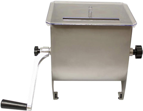 20 LB Stainless Steel Manual Meat Mixer – Front View
Hand crank food processor with clear lid – BR102
Interior paddles and mixing blades for even blend
Side angle of BR102 meat mixer on countertop
Stainless steel tub and mixing crank design details