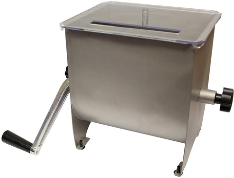 20 LB Stainless Steel Manual Meat Mixer – Front View
Hand crank food processor with clear lid – BR102
Interior paddles and mixing blades for even blend
Side angle of BR102 meat mixer on countertop
Stainless steel tub and mixing crank design details