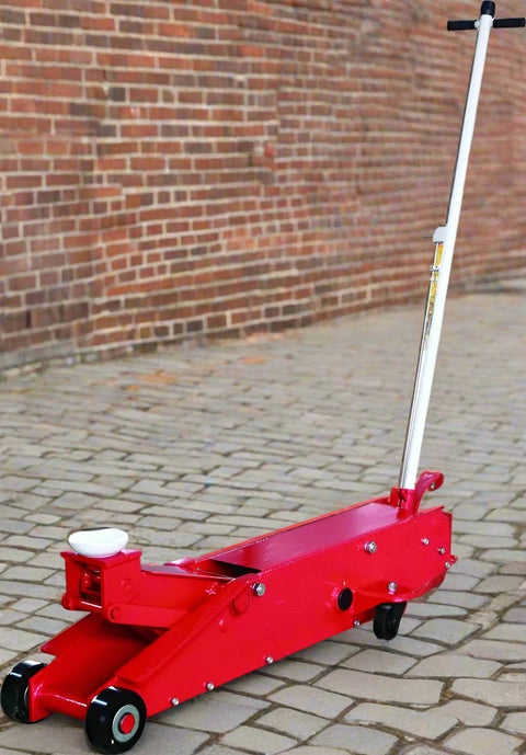 Red 20 ton hydraulic long floor jack with heavy-duty steel frame and casters


